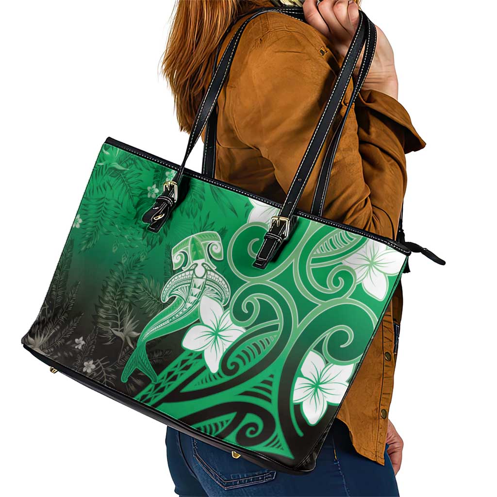 Polynesia Hammerhead Shark Leather Tote Bag Green Tribal Pattern With Plumeria LT05 - Polynesian Pride