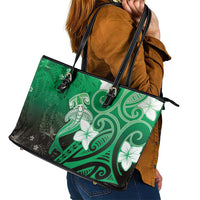 Polynesia Hammerhead Shark Leather Tote Bag Green Tribal Pattern With Plumeria LT05 - Polynesian Pride