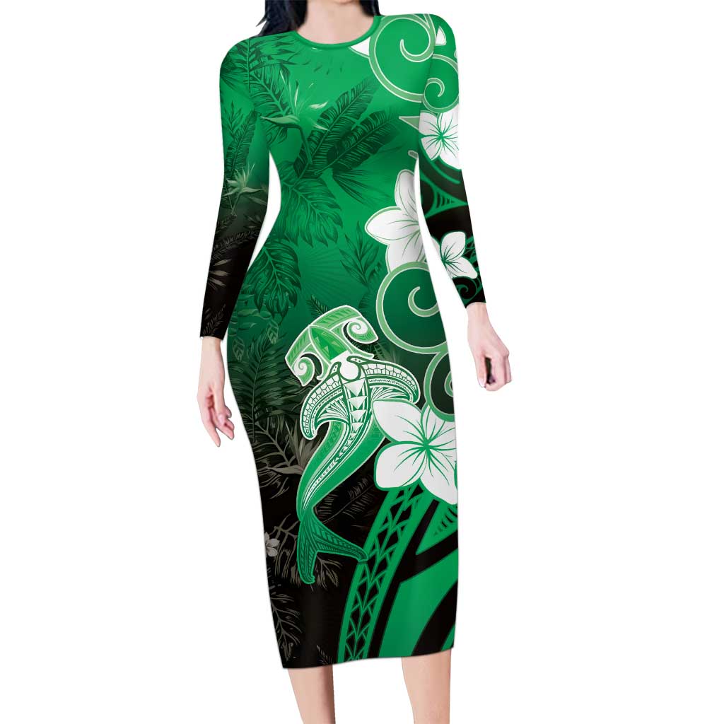 Polynesia Hammerhead Shark Long Sleeve Bodycon Dress Green Tribal Pattern With Plumeria LT05 Long Dress Green - Polynesian Pride