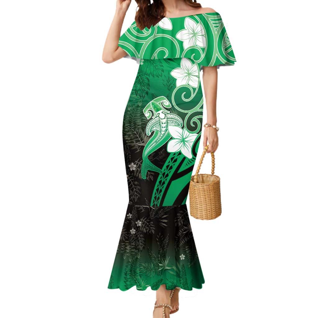 Polynesia Hammerhead Shark Mermaid Dress Green Tribal Pattern With Plumeria - Polynesian Pride