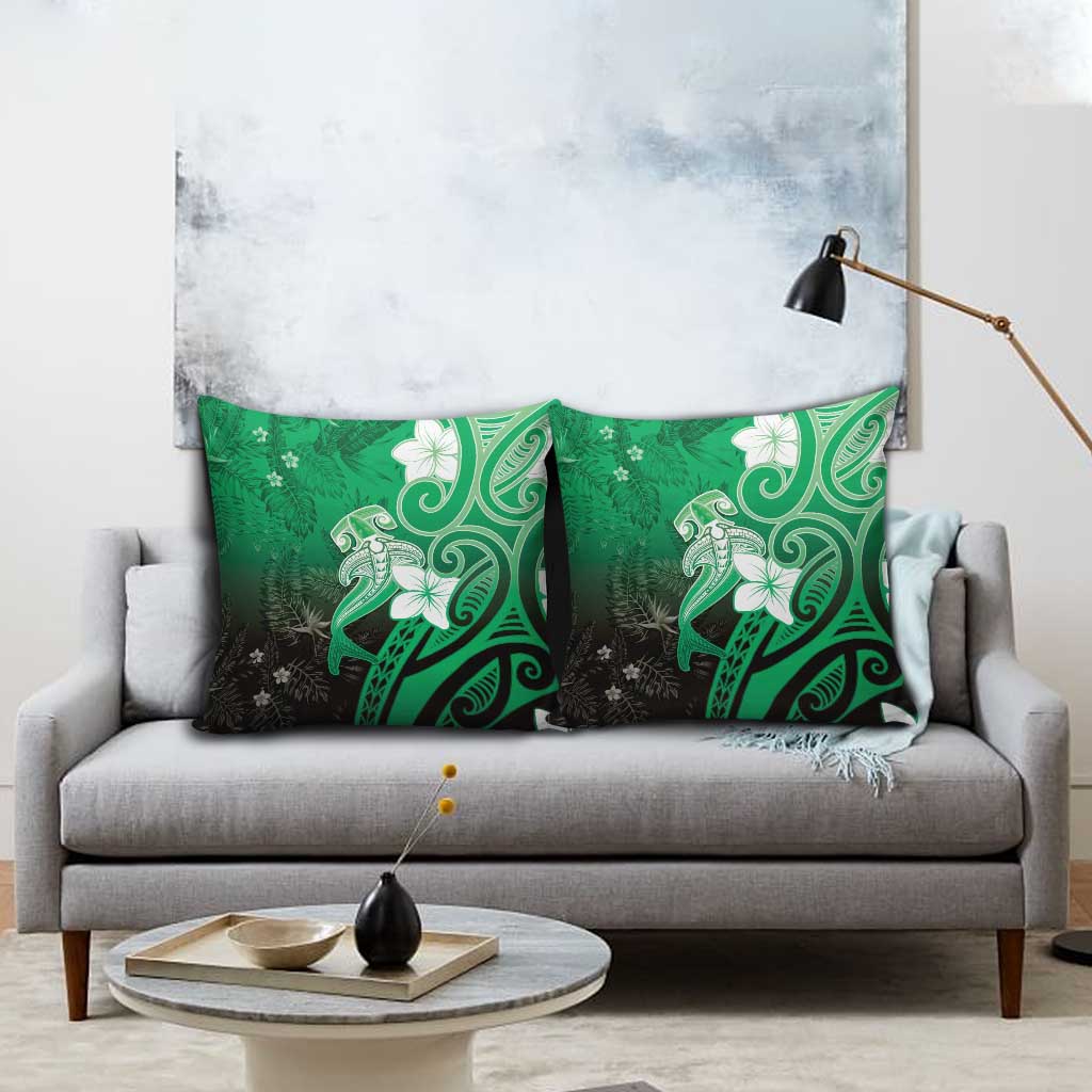 Polynesia Hammerhead Shark Pillow Cover Green Tribal Pattern With Plumeria LT05 - Polynesian Pride