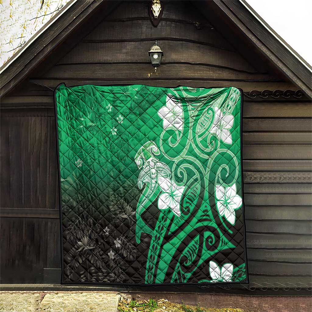 Polynesia Hammerhead Shark Quilt Green Tribal Pattern With Plumeria LT05 - Polynesian Pride