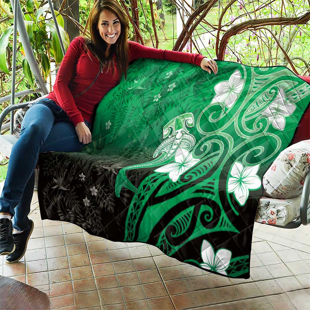 Polynesia Hammerhead Shark Quilt Green Tribal Pattern With Plumeria LT05 - Polynesian Pride
