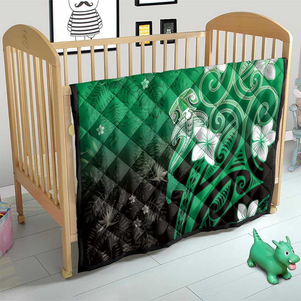 Polynesia Hammerhead Shark Quilt Green Tribal Pattern With Plumeria LT05 - Polynesian Pride