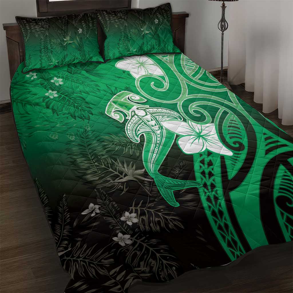 Polynesia Hammerhead Shark Quilt Bed Set Green Tribal Pattern With Plumeria - Polynesian Pride