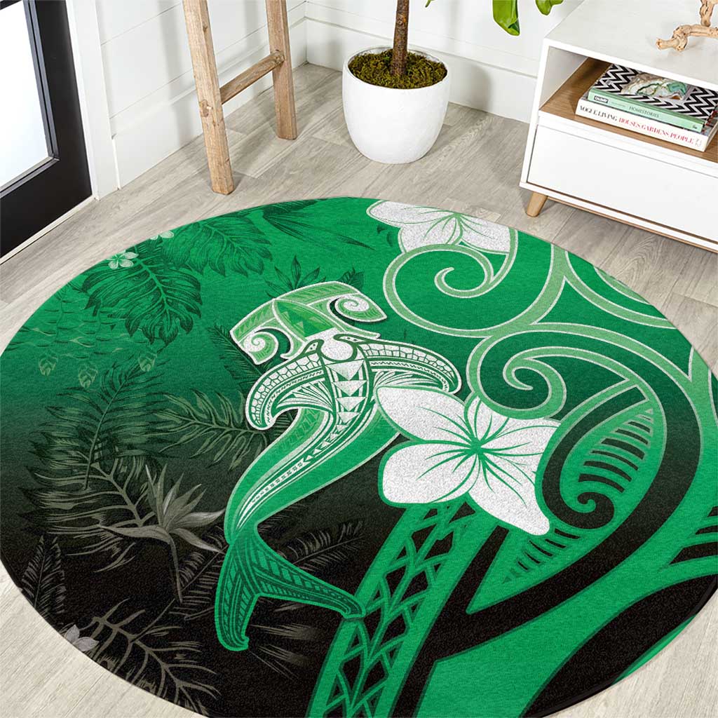 Polynesia Hammerhead Shark Round Carpet Green Tribal Pattern With Plumeria LT05 Green - Polynesian Pride