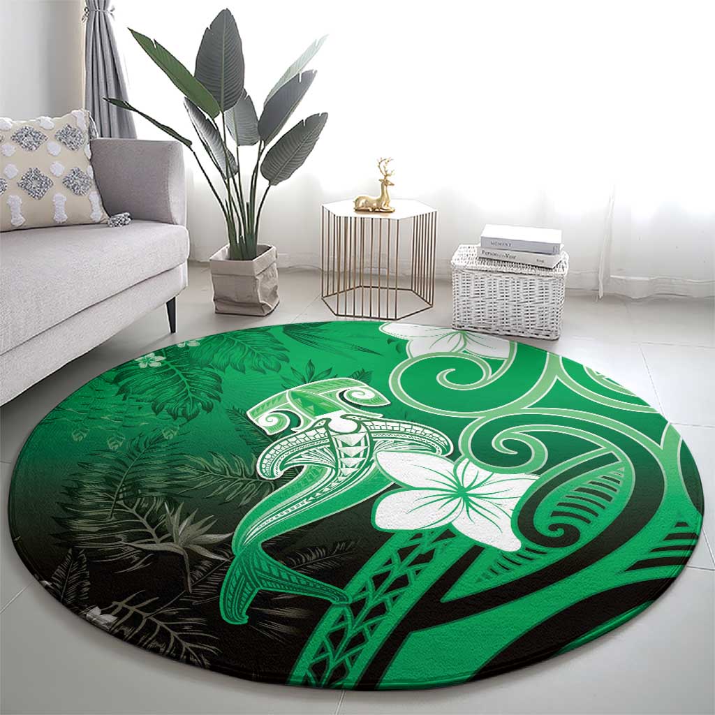 Polynesia Hammerhead Shark Round Carpet Green Tribal Pattern With Plumeria LT05 - Polynesian Pride