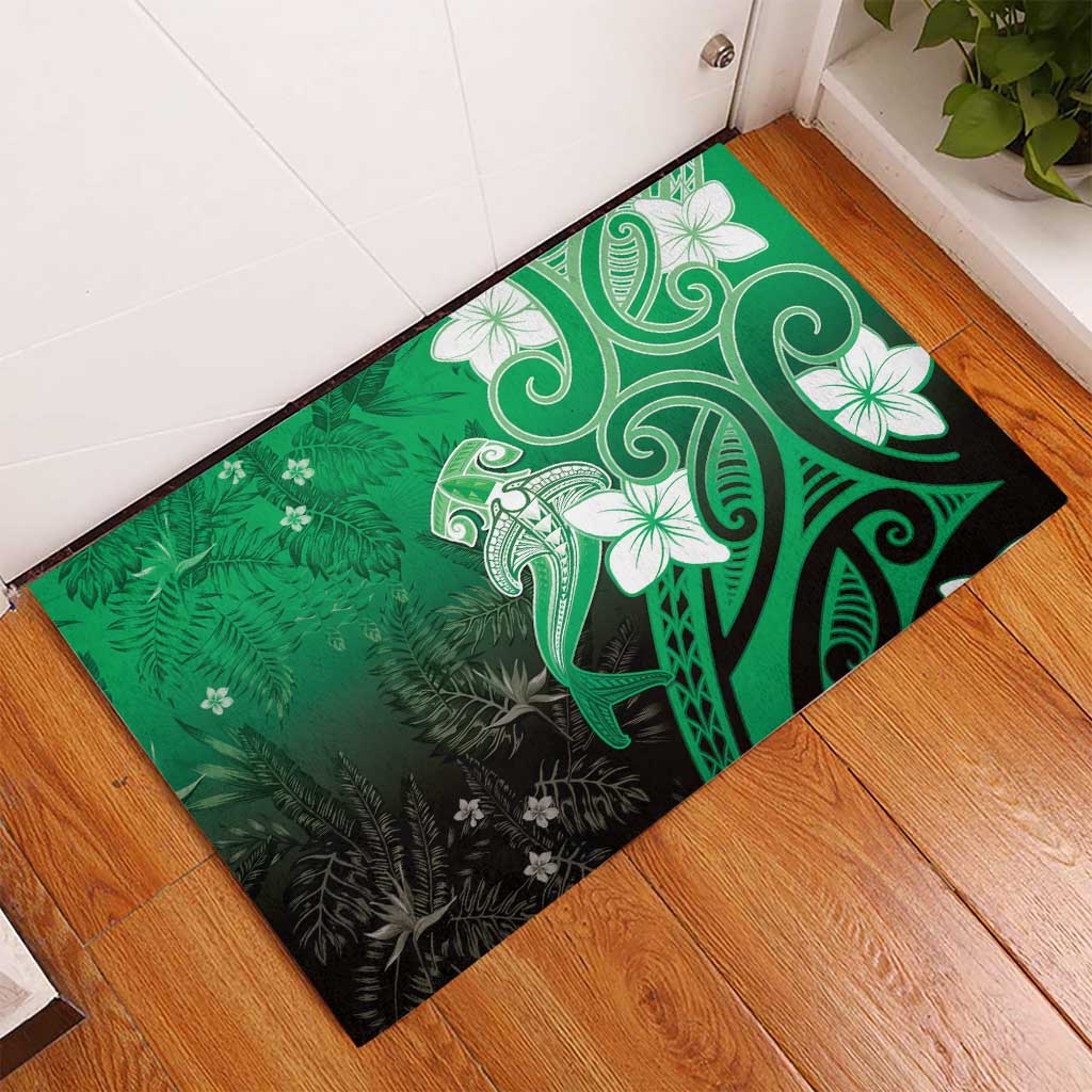Polynesia Hammerhead Shark Rubber Doormat Green Tribal Pattern With Plumeria - Polynesian Pride