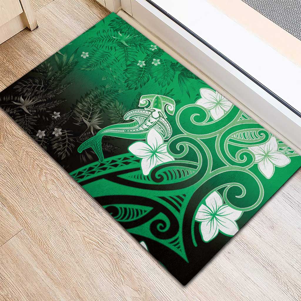 Polynesia Hammerhead Shark Rubber Doormat Green Tribal Pattern With Plumeria - Polynesian Pride
