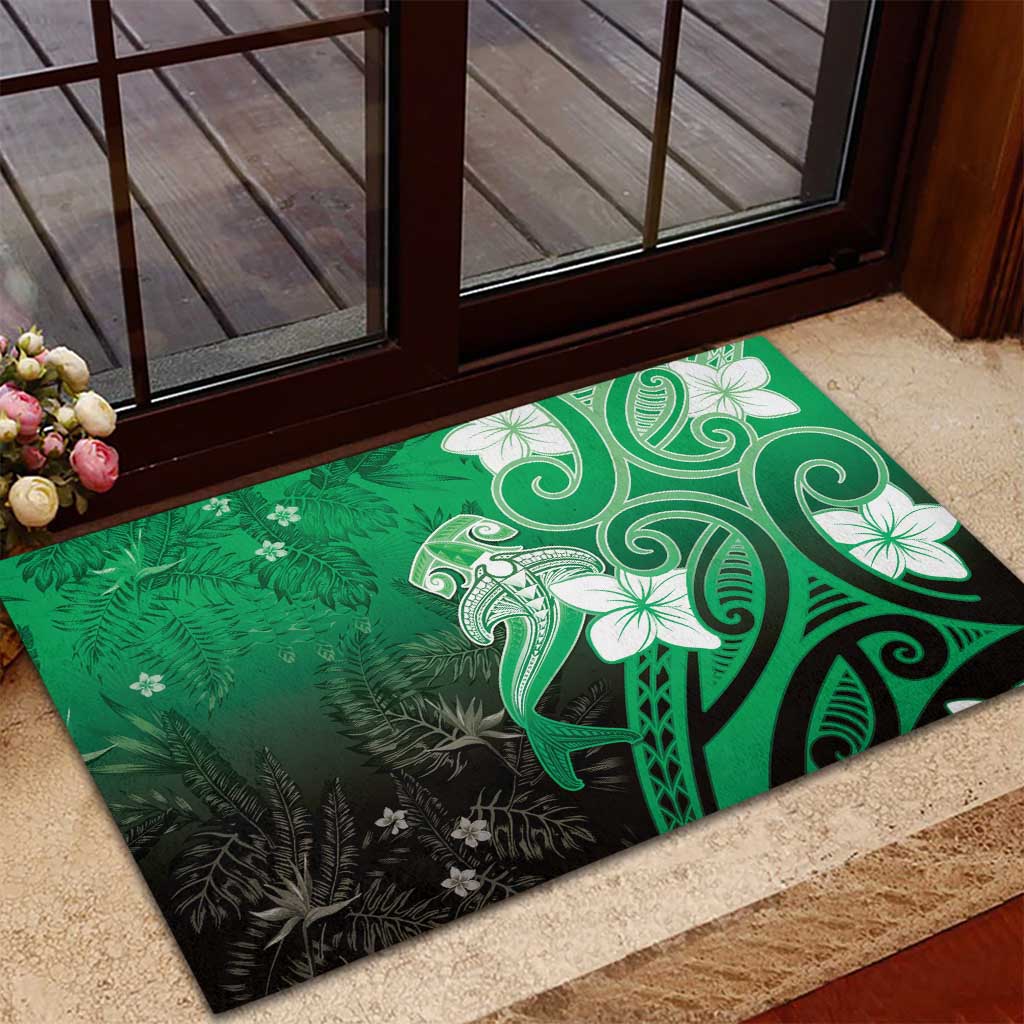 Polynesia Hammerhead Shark Rubber Doormat Green Tribal Pattern With Plumeria - Polynesian Pride