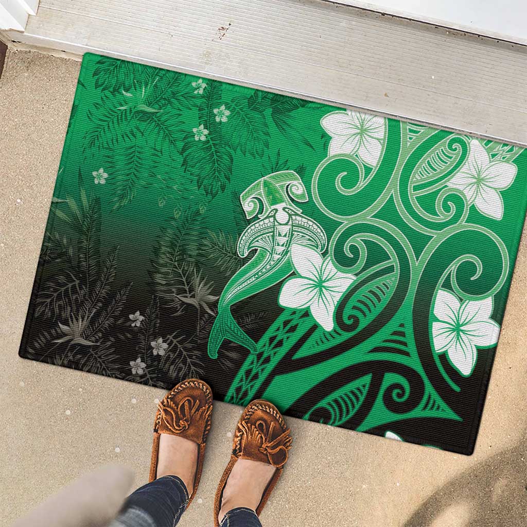 Polynesia Hammerhead Shark Rubber Doormat Green Tribal Pattern With Plumeria - Polynesian Pride
