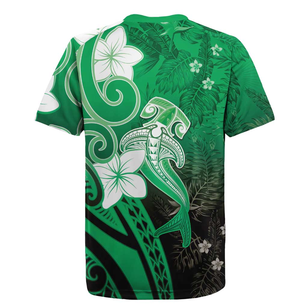 Polynesia Hammerhead Shark Rugby Jersey Green Tribal Pattern With Plumeria LT05 - Polynesian Pride