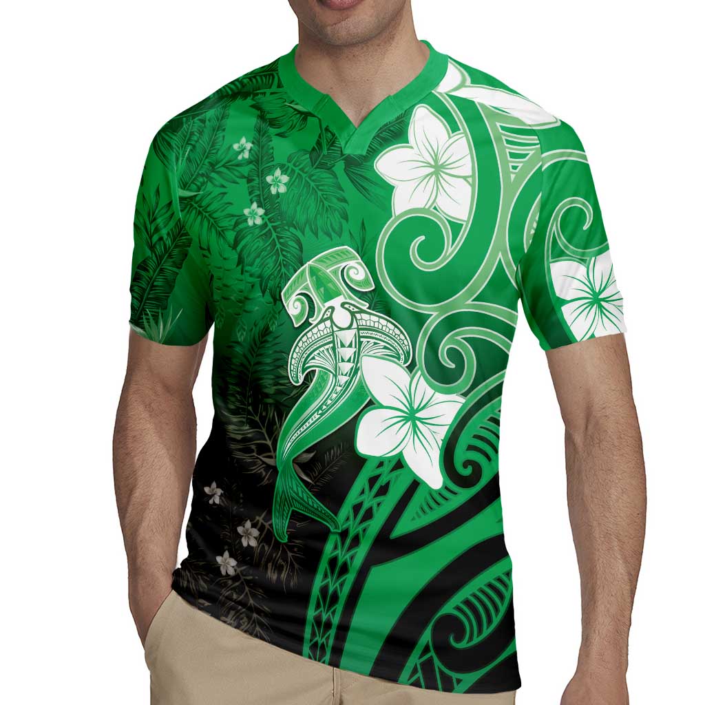Polynesia Hammerhead Shark Rugby Jersey Green Tribal Pattern With Plumeria LT05 - Polynesian Pride