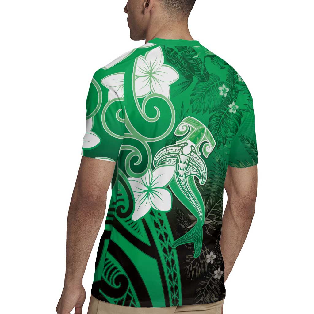 Polynesia Hammerhead Shark Rugby Jersey Green Tribal Pattern With Plumeria LT05 - Polynesian Pride