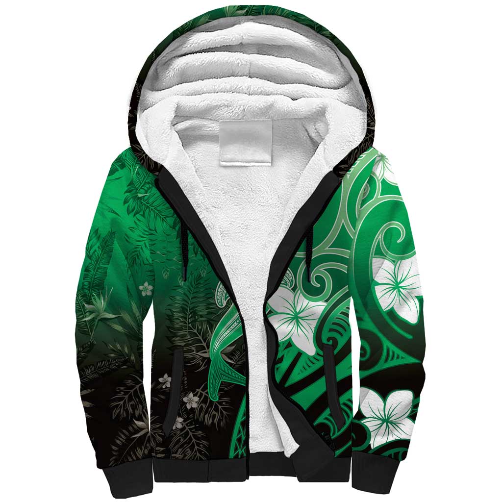 Polynesia Hammerhead Shark Sherpa Hoodie Green Tribal Pattern With Plumeria LT05 Unisex Green - Polynesian Pride