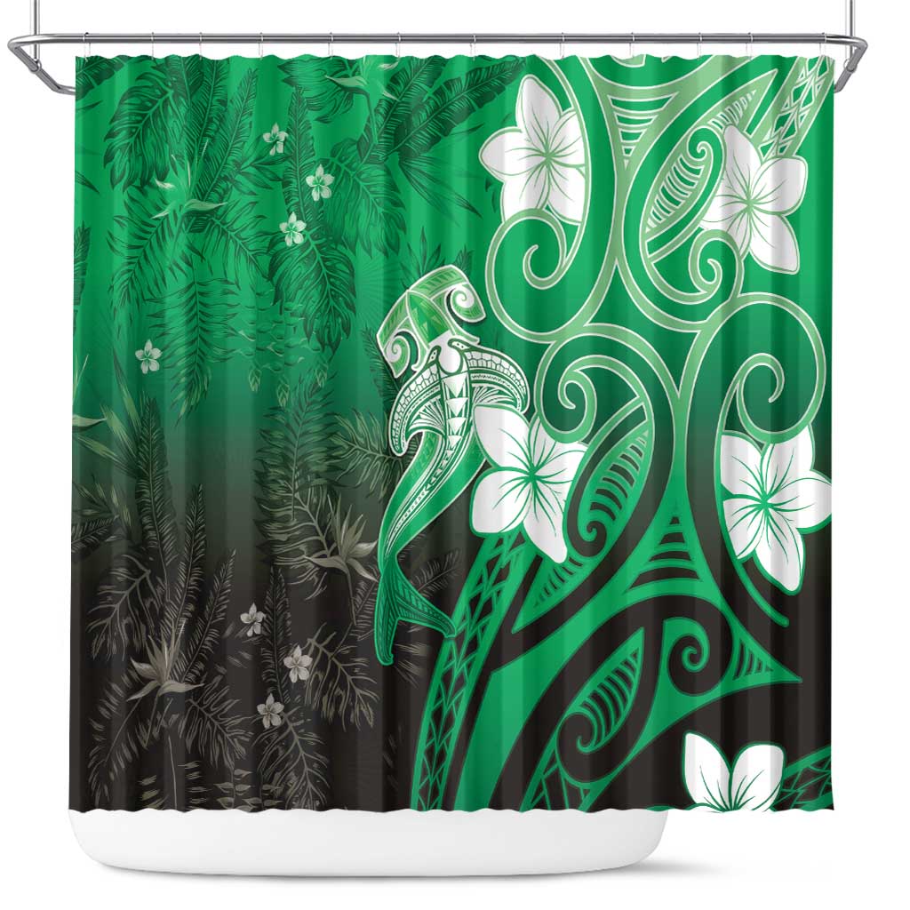 Polynesia Hammerhead Shark Shower Curtain Green Tribal Pattern With Plumeria LT05 Green - Polynesian Pride