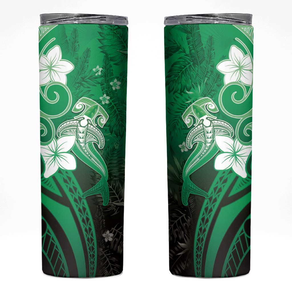 Polynesia Hammerhead Shark Skinny Tumbler Green Tribal Pattern With Plumeria - Polynesian Pride