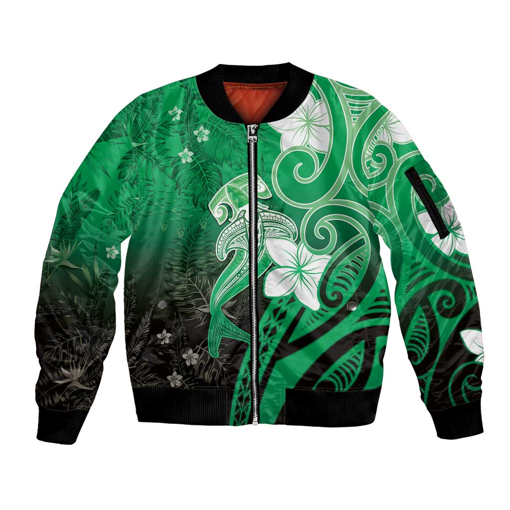 Polynesia Hammerhead Shark Sleeve Zip Bomber Jacket Green Tribal Pattern With Plumeria LT05 Unisex Green - Polynesian Pride