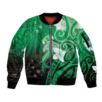 Polynesia Hammerhead Shark Sleeve Zip Bomber Jacket Green Tribal Pattern With Plumeria LT05 Unisex Green - Polynesian Pride