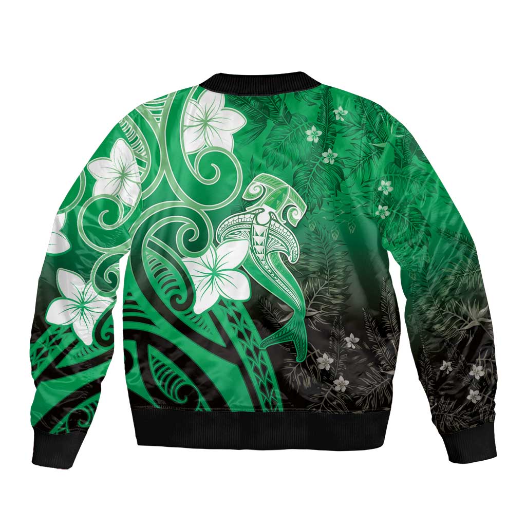 Polynesia Hammerhead Shark Sleeve Zip Bomber Jacket Green Tribal Pattern With Plumeria LT05 - Polynesian Pride