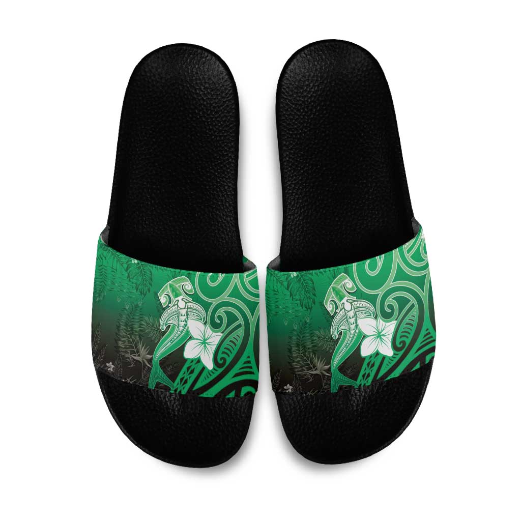Polynesia Hammerhead Shark Slide Sandals Green Tribal Pattern With Plumeria LT05 Green - Polynesian Pride