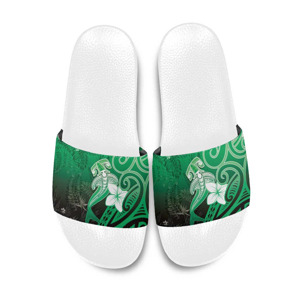 Polynesia Hammerhead Shark Slide Sandals Green Tribal Pattern With Plumeria LT05 Green - Polynesian Pride