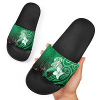 Polynesia Hammerhead Shark Slide Sandals Green Tribal Pattern With Plumeria LT05 - Polynesian Pride