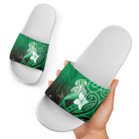 Polynesia Hammerhead Shark Slide Sandals Green Tribal Pattern With Plumeria LT05 - Polynesian Pride