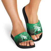 Polynesia Hammerhead Shark Slide Sandals Green Tribal Pattern With Plumeria LT05 - Polynesian Pride