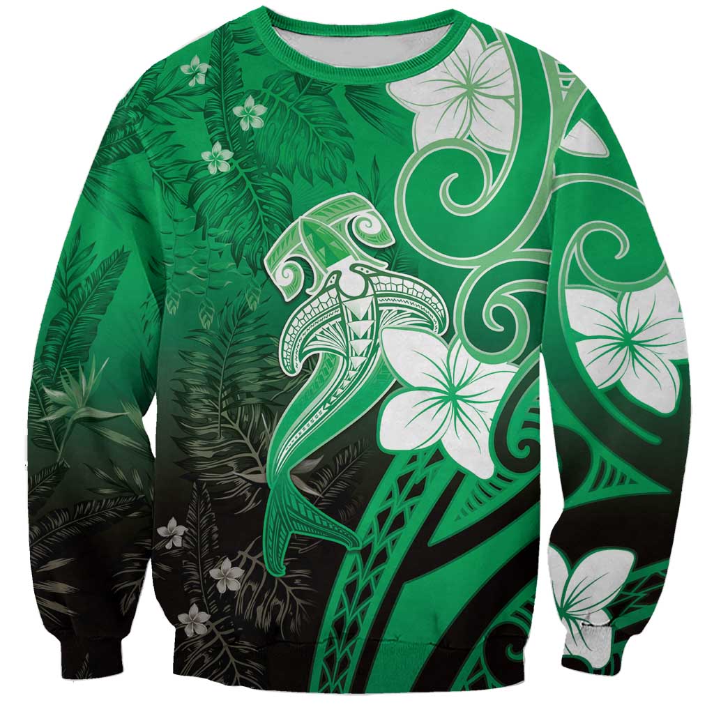 Polynesia Hammerhead Shark Sweatshirt Green Tribal Pattern With Plumeria LT05 Unisex Green - Polynesian Pride