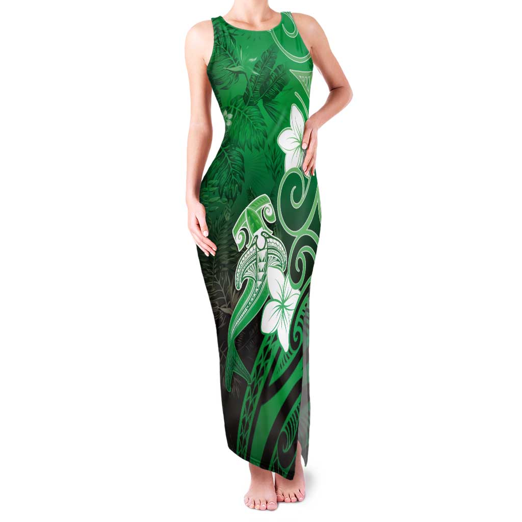 Polynesia Hammerhead Shark Tank Maxi Dress Green Tribal Pattern With Plumeria LT05 Women Green - Polynesian Pride