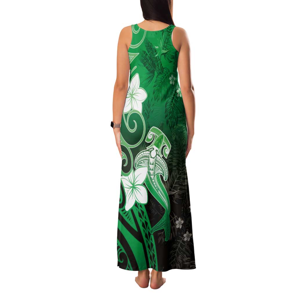 Polynesia Hammerhead Shark Tank Maxi Dress Green Tribal Pattern With Plumeria LT05 - Polynesian Pride