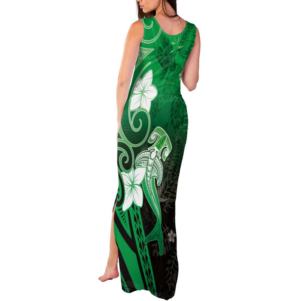 Polynesia Hammerhead Shark Tank Maxi Dress Green Tribal Pattern With Plumeria LT05 - Polynesian Pride