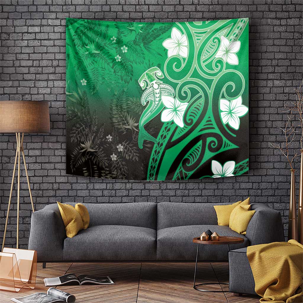 Polynesia Hammerhead Shark Tapestry Green Tribal Pattern With Plumeria LT05 Green - Polynesian Pride