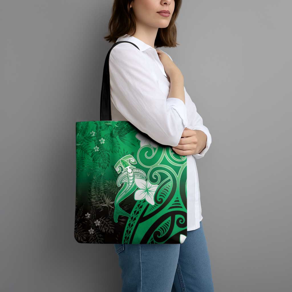 Polynesia Hammerhead Shark Tote Bag Green Tribal Pattern With Plumeria LT05 - Polynesian Pride