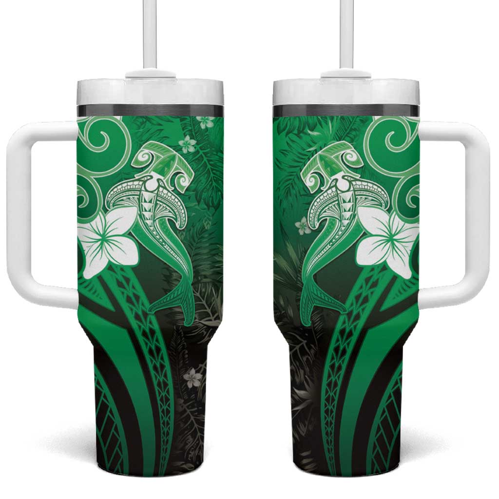 Polynesia Hammerhead Shark Tumbler With Handle Green Tribal Pattern With Plumeria LT05 One Size: 40 oz Green - Polynesian Pride