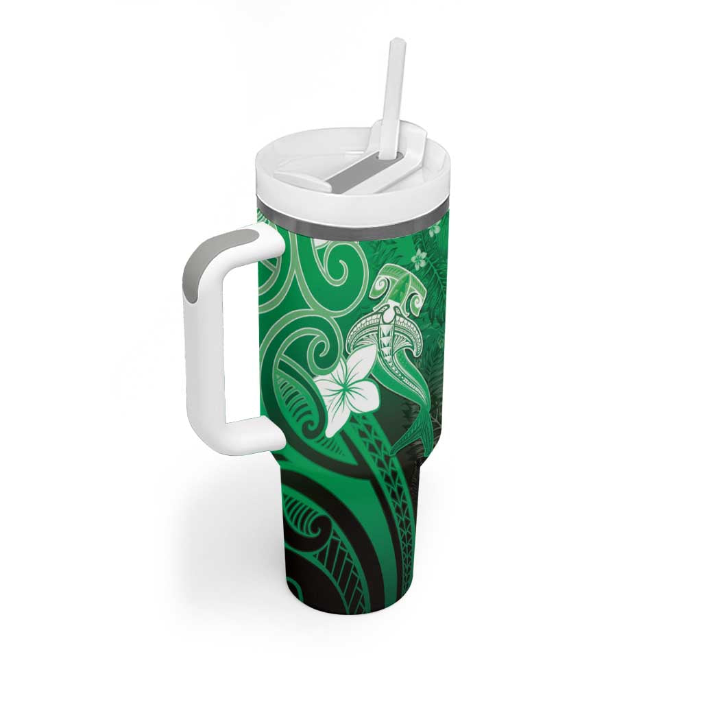 Polynesia Hammerhead Shark Tumbler With Handle Green Tribal Pattern With Plumeria LT05 - Polynesian Pride