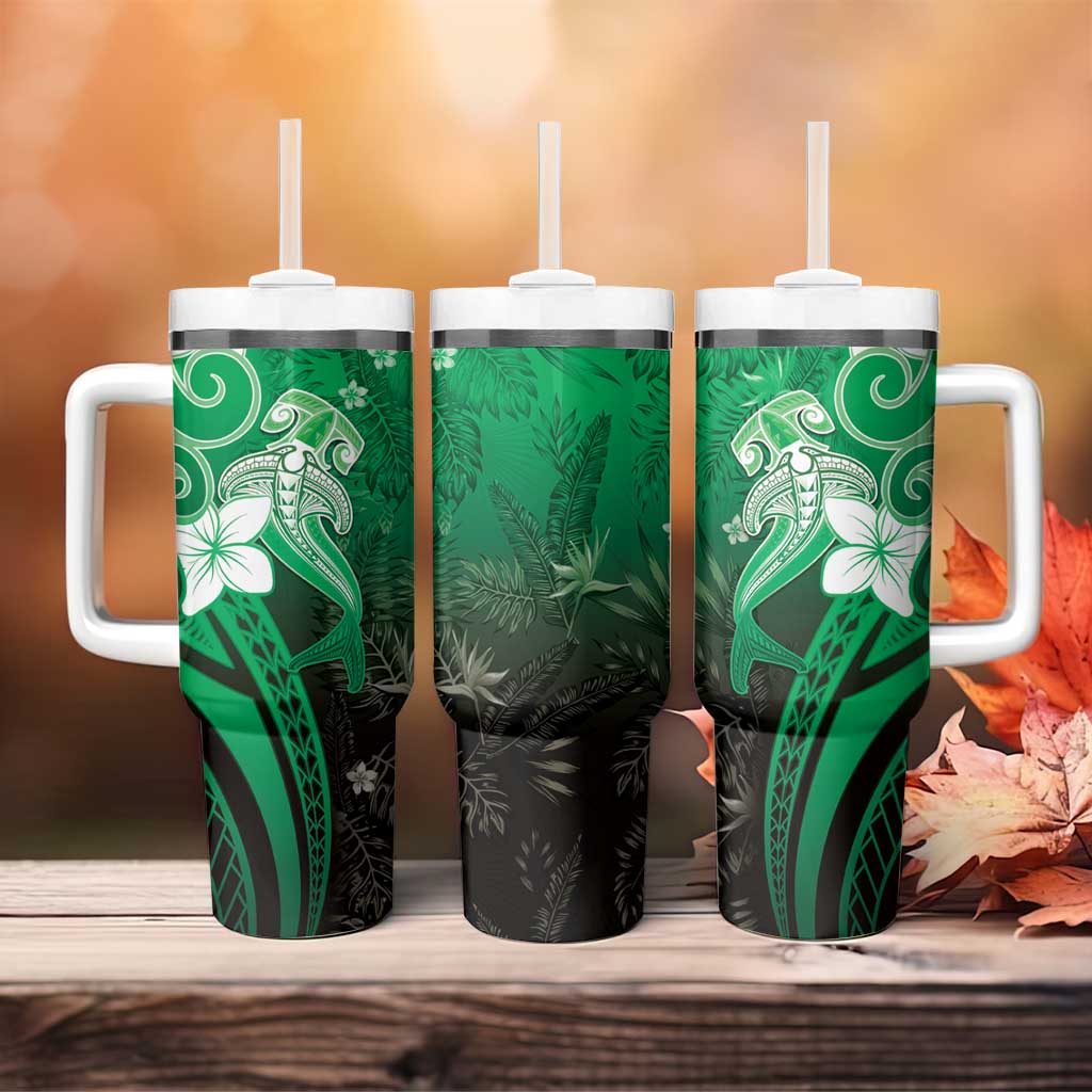 Polynesia Hammerhead Shark Tumbler With Handle Green Tribal Pattern With Plumeria LT05 - Polynesian Pride