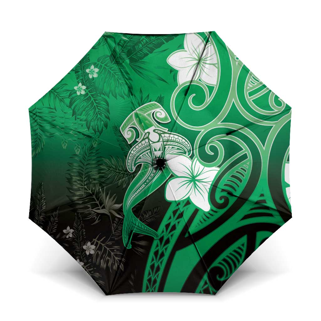 Polynesia Hammerhead Shark Umbrella Green Tribal Pattern With Plumeria LT05 One Size Folded 11.42 inch Opened Diameter 37.4 inch Green - Polynesian Pride