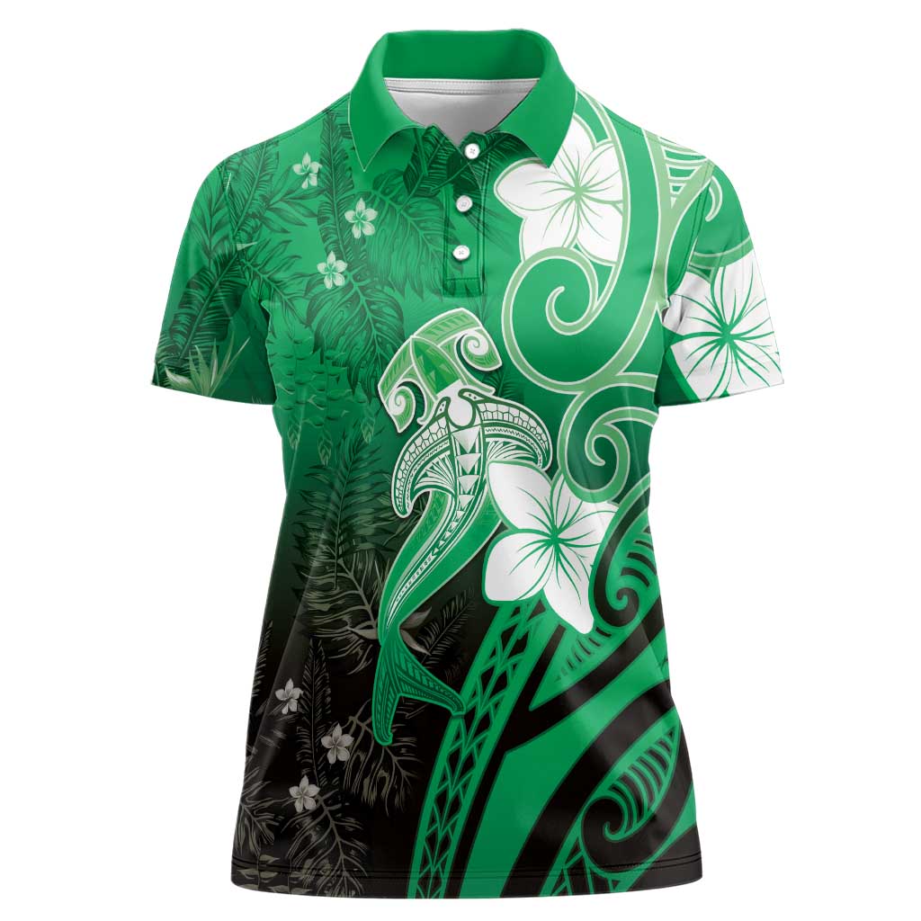 Polynesia Hammerhead Shark Women Polo Shirt Green Tribal Pattern With Plumeria - Polynesian Pride