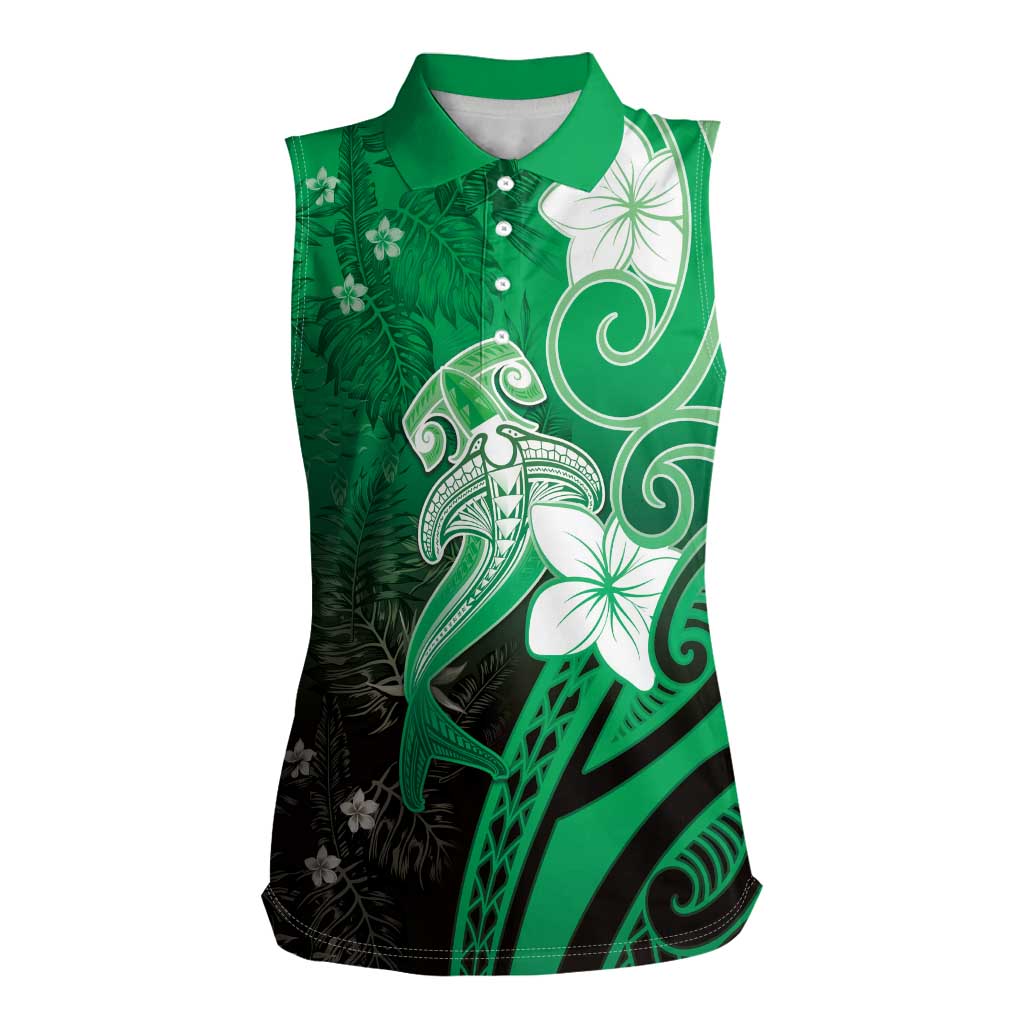 Polynesia Hammerhead Shark Women Sleeveless Polo Shirt Green Tribal Pattern With Plumeria - Polynesian Pride