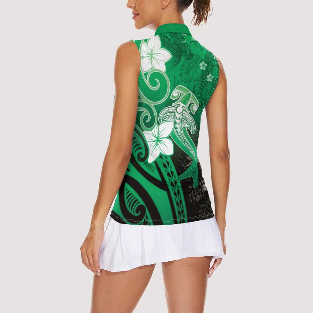 Polynesia Hammerhead Shark Women Sleeveless Polo Shirt Green Tribal Pattern With Plumeria - Polynesian Pride