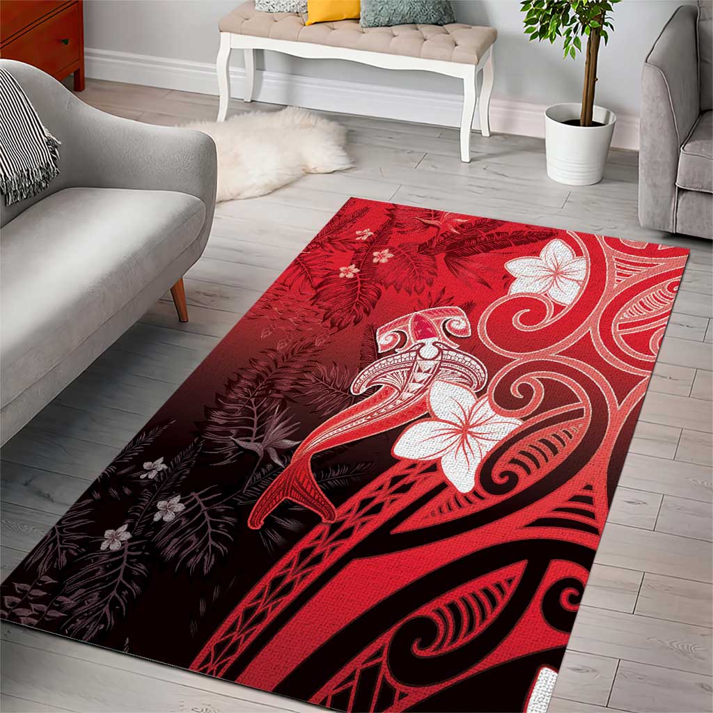 Polynesia Hammerhead Shark Area Rug Red Tribal Pattern With Plumeria LT05 - Polynesian Pride