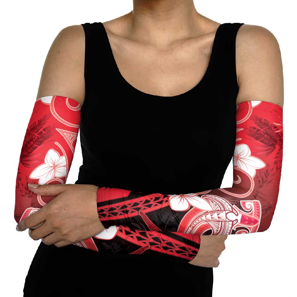 Polynesia Hammerhead Shark Arm Sleeves Red Tribal Pattern With Plumeria LT05 - Polynesian Pride