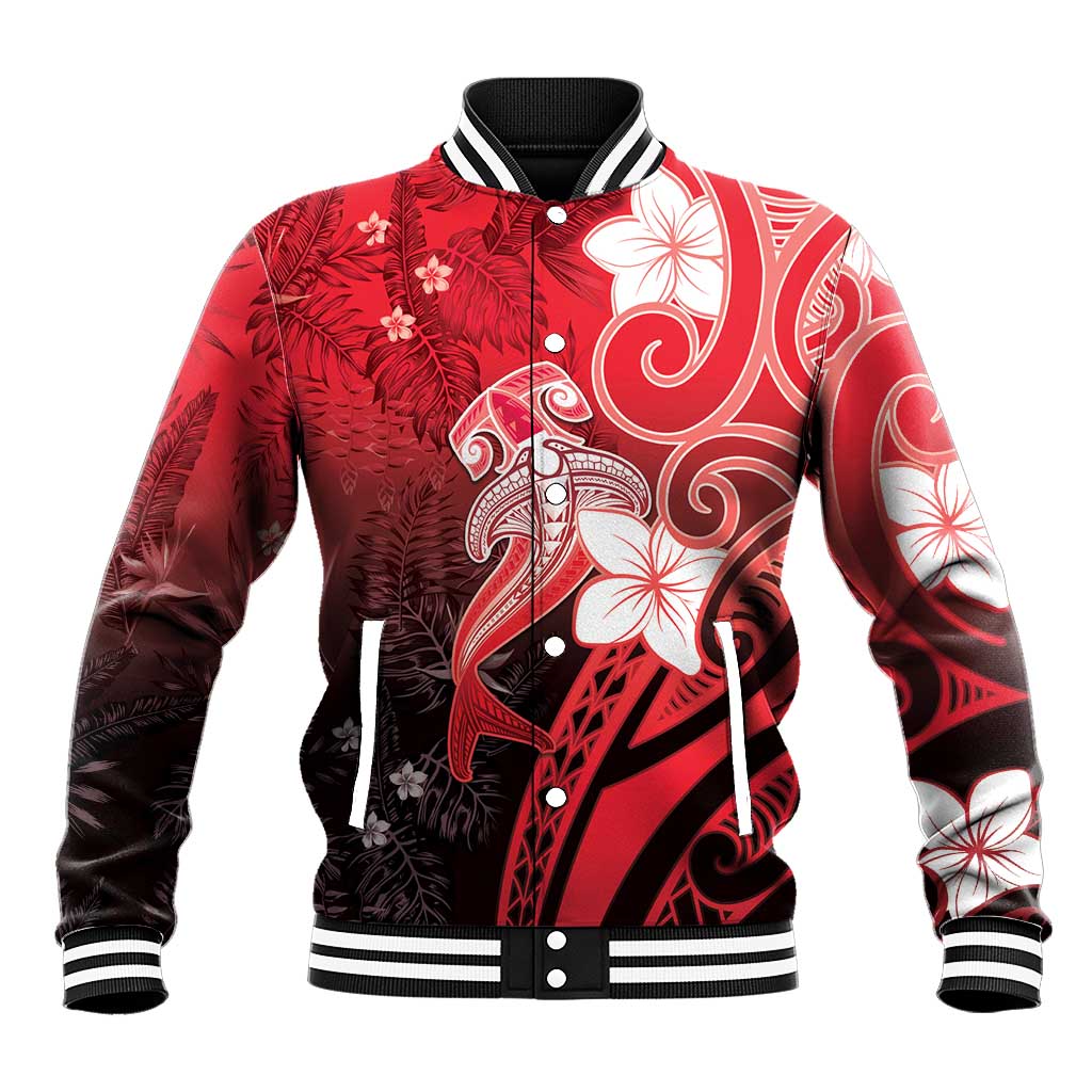 Polynesia Hammerhead Shark Baseball Jacket Red Tribal Pattern With Plumeria LT05 Unisex Red - Polynesian Pride