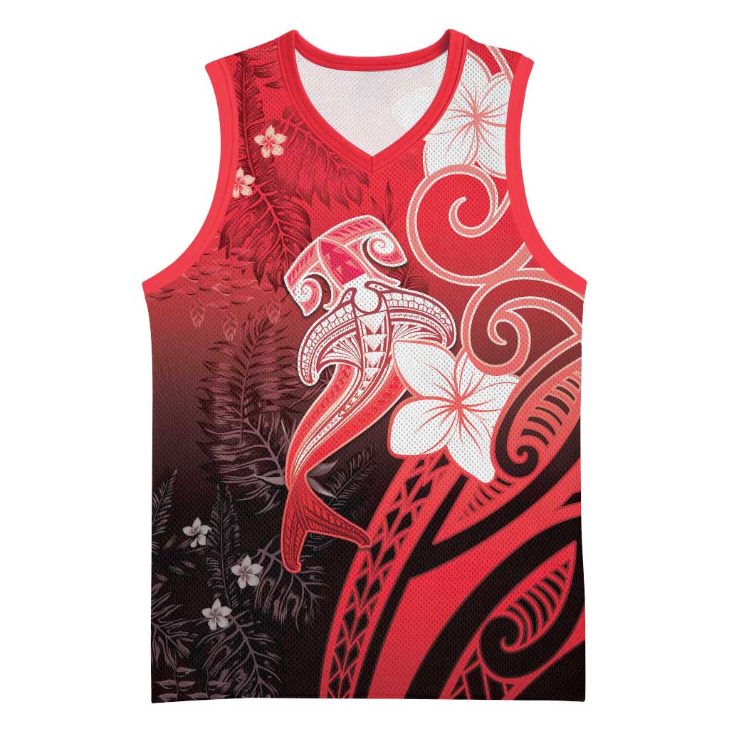Polynesia Hammerhead Shark Basketball Jersey Red Tribal Pattern With Plumeria LT05 Unisex Red - Polynesian Pride