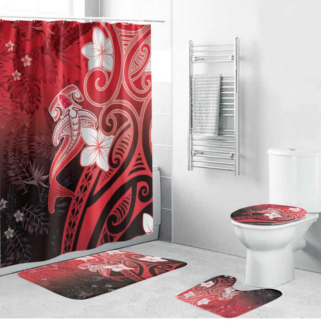 Polynesia Hammerhead Shark Bathroom Set Red Tribal Pattern With Plumeria LT05 Bathroom Set (4 pcs) Red - Polynesian Pride