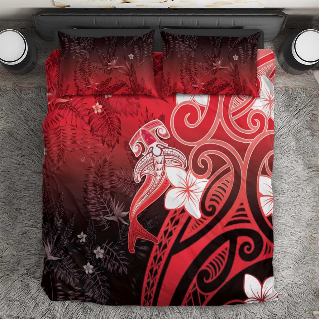 Polynesia Hammerhead Shark Bedding Set Red Tribal Pattern With Plumeria LT05 Red - Polynesian Pride