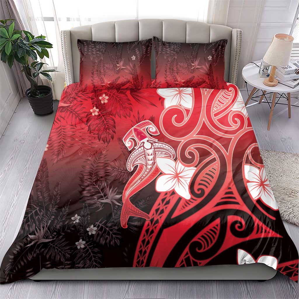 Polynesia Hammerhead Shark Bedding Set Red Tribal Pattern With Plumeria LT05 - Polynesian Pride