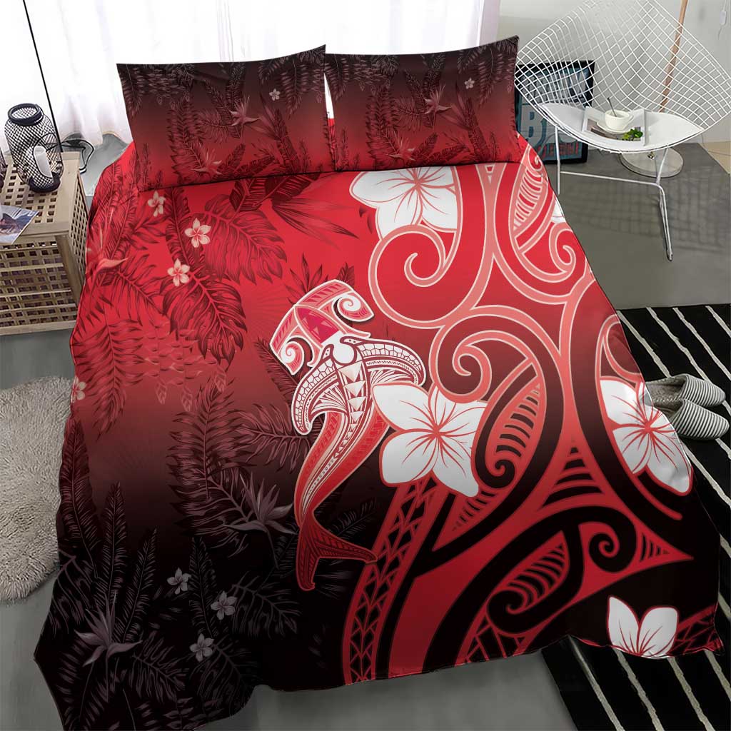 Polynesia Hammerhead Shark Bedding Set Red Tribal Pattern With Plumeria LT05 - Polynesian Pride